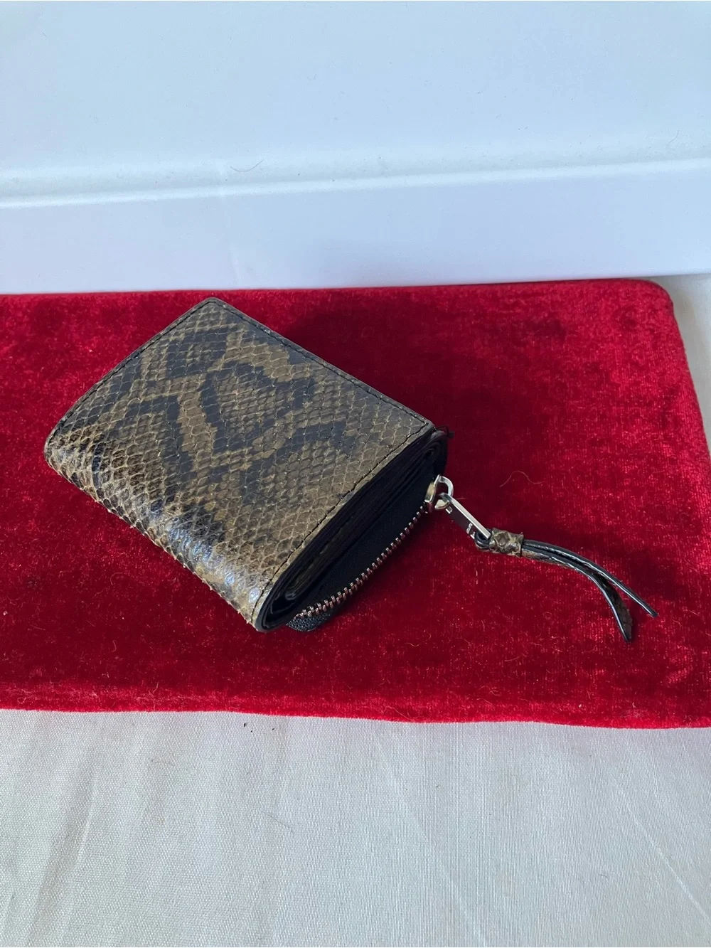 Allsaints Lena Snake Python Embossed Leather Brown Zip Around Compact Wallet